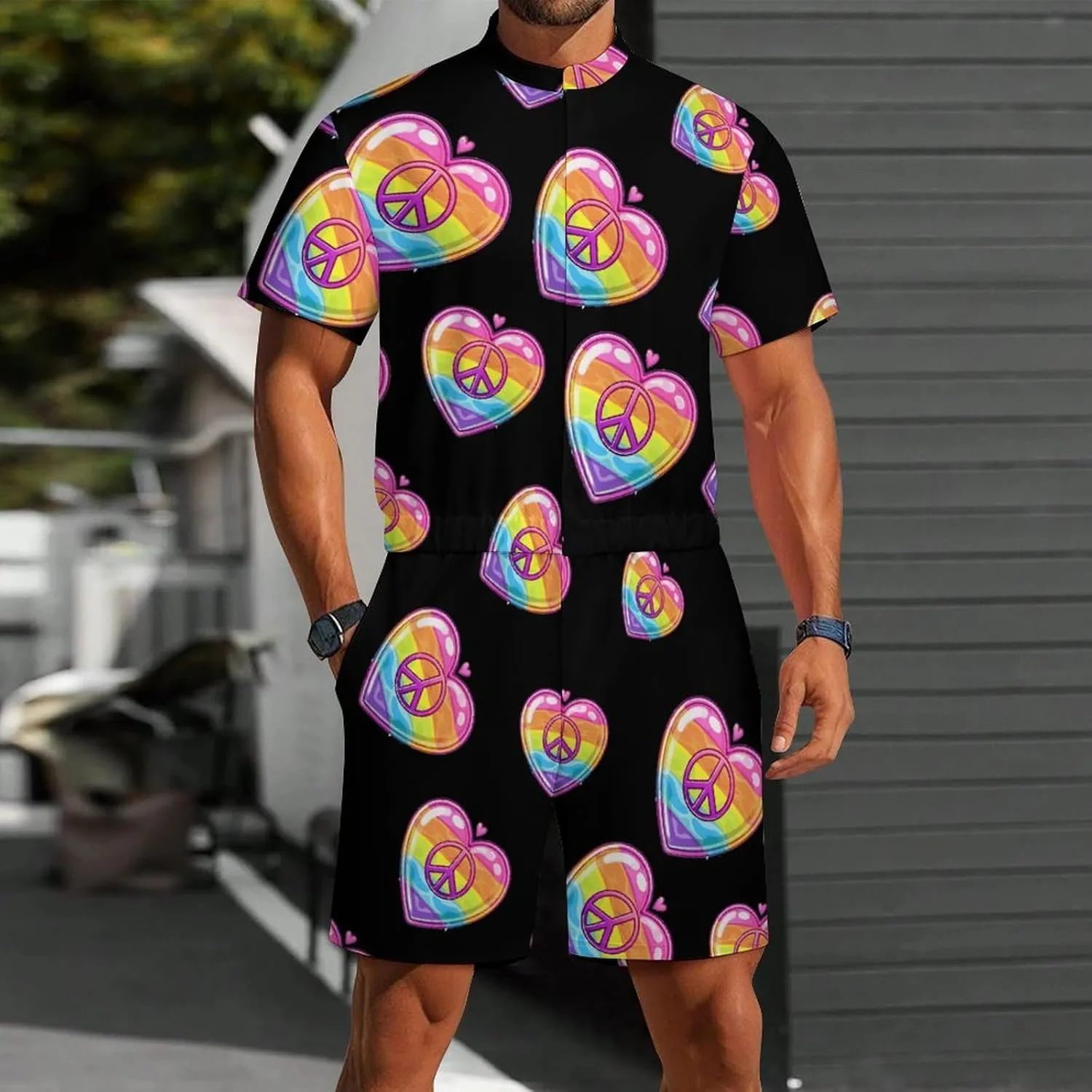 Rainbow Peace Sign Heart Gay Prideful Flag Mens Short Sleeve Rompers Printed Slim Fit One Piece Jumpsuit with Pocket