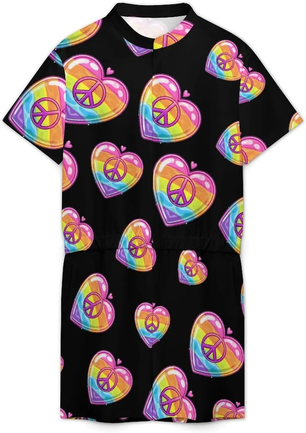 Rainbow Peace Sign Heart Gay Prideful Flag Mens Short Sleeve Rompers Printed Slim Fit One Piece Jumpsuit with Pocket