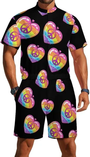 Rainbow Peace Sign Heart Gay Prideful Flag Mens Short Sleeve Rompers Printed Slim Fit One Piece Jumpsuit with Pocket