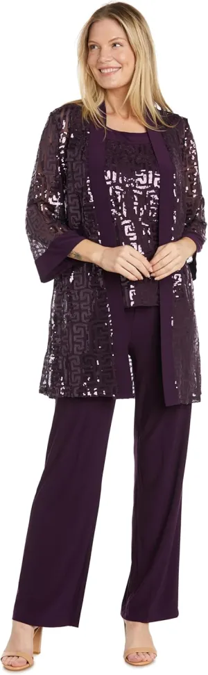 R&M Richards 3PC Sequined Sleeveless Top, Jacket & Ity Duster Pant Set