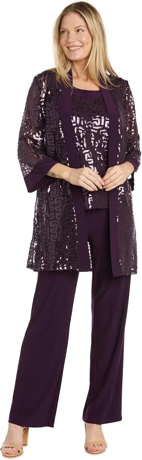 R&M Richards 3PC Sequined Sleeveless Top, Jacket & Ity Duster Pant Set