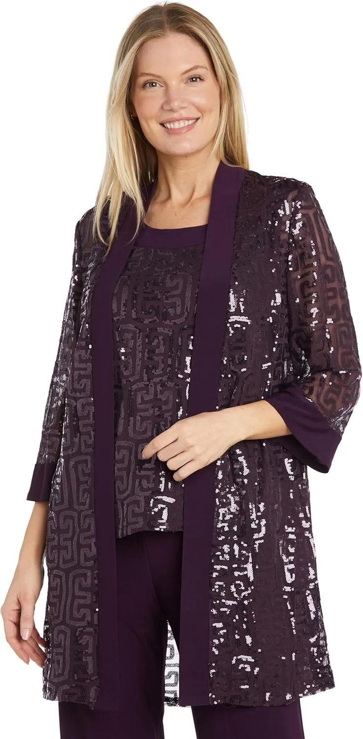 R&M Richards 3PC Sequined Sleeveless Top, Jacket & Ity Duster Pant Set