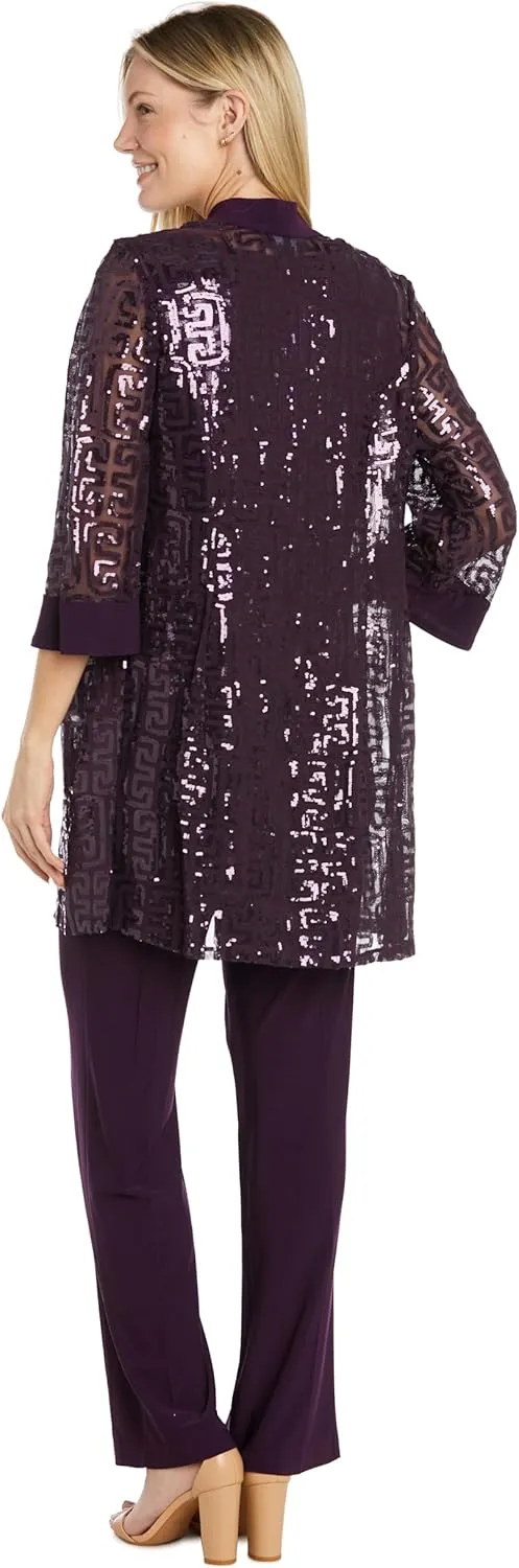 R&M Richards 3PC Sequined Sleeveless Top, Jacket & Ity Duster Pant Set