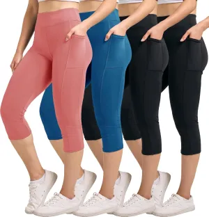 Real Essentials 4 Pack: Women's Capri Leggings with Pockets Casual Yoga Workout Exercise Pants (Available in Plus Size)