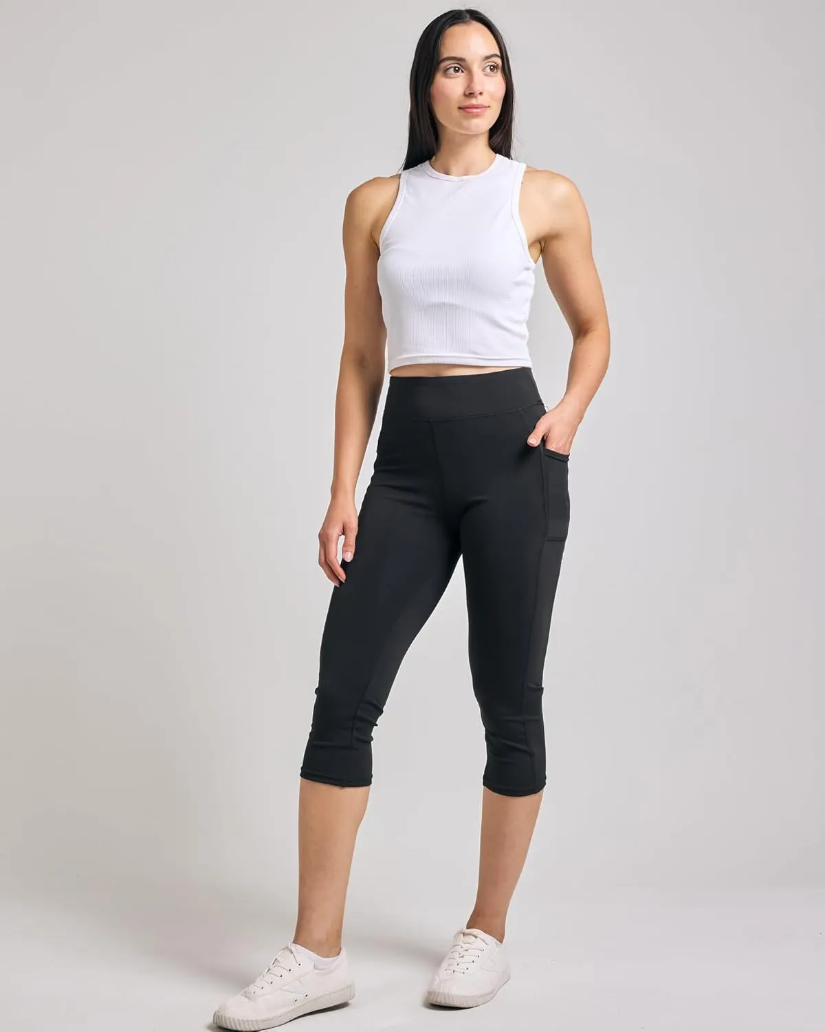 Real Essentials 4 Pack: Women's Capri Leggings with Pockets Casual Yoga Workout Exercise Pants (Available in Plus Size)