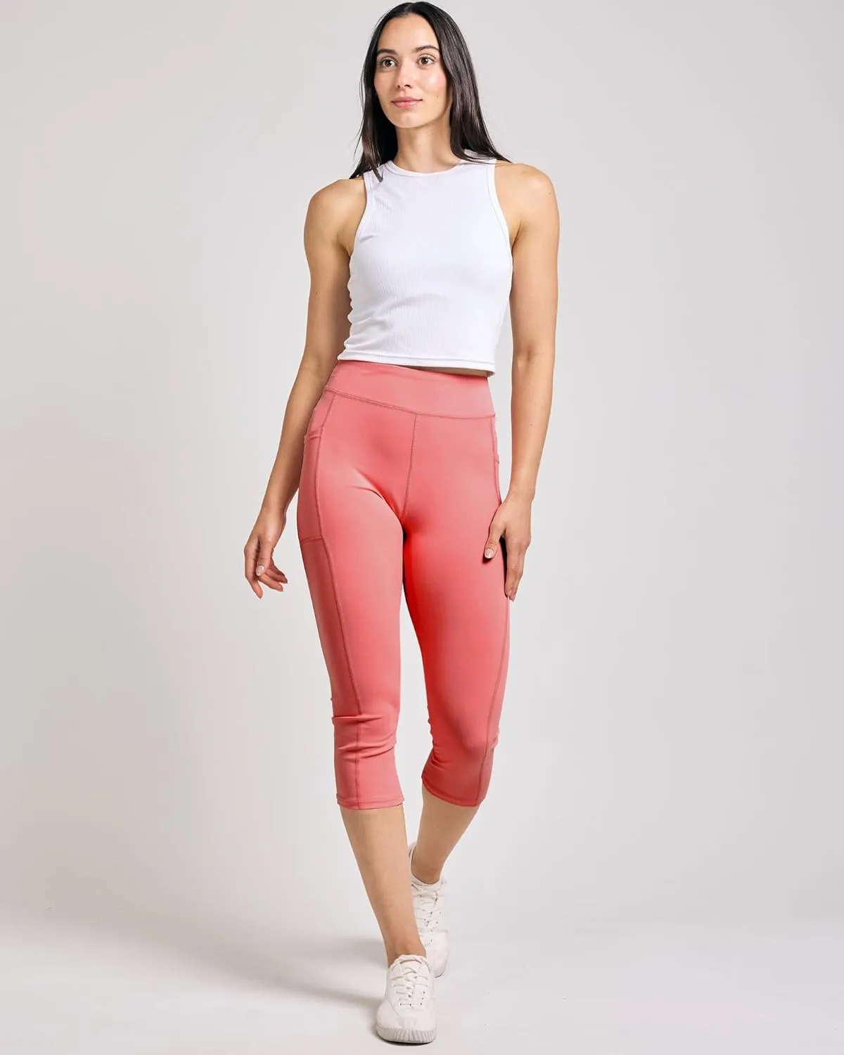 Real Essentials 4 Pack: Women's Capri Leggings with Pockets Casual Yoga Workout Exercise Pants (Available in Plus Size)
