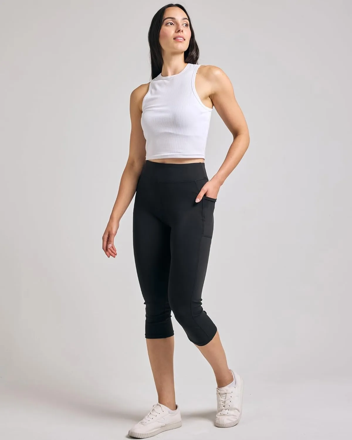 Real Essentials 4 Pack: Women's Capri Leggings with Pockets Casual Yoga Workout Exercise Pants (Available in Plus Size)