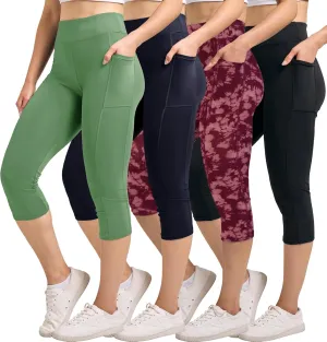 Real Essentials 4 Pack: Women's Capri Leggings with Pockets Casual Yoga Workout Exercise Pants (Available in Plus Size)