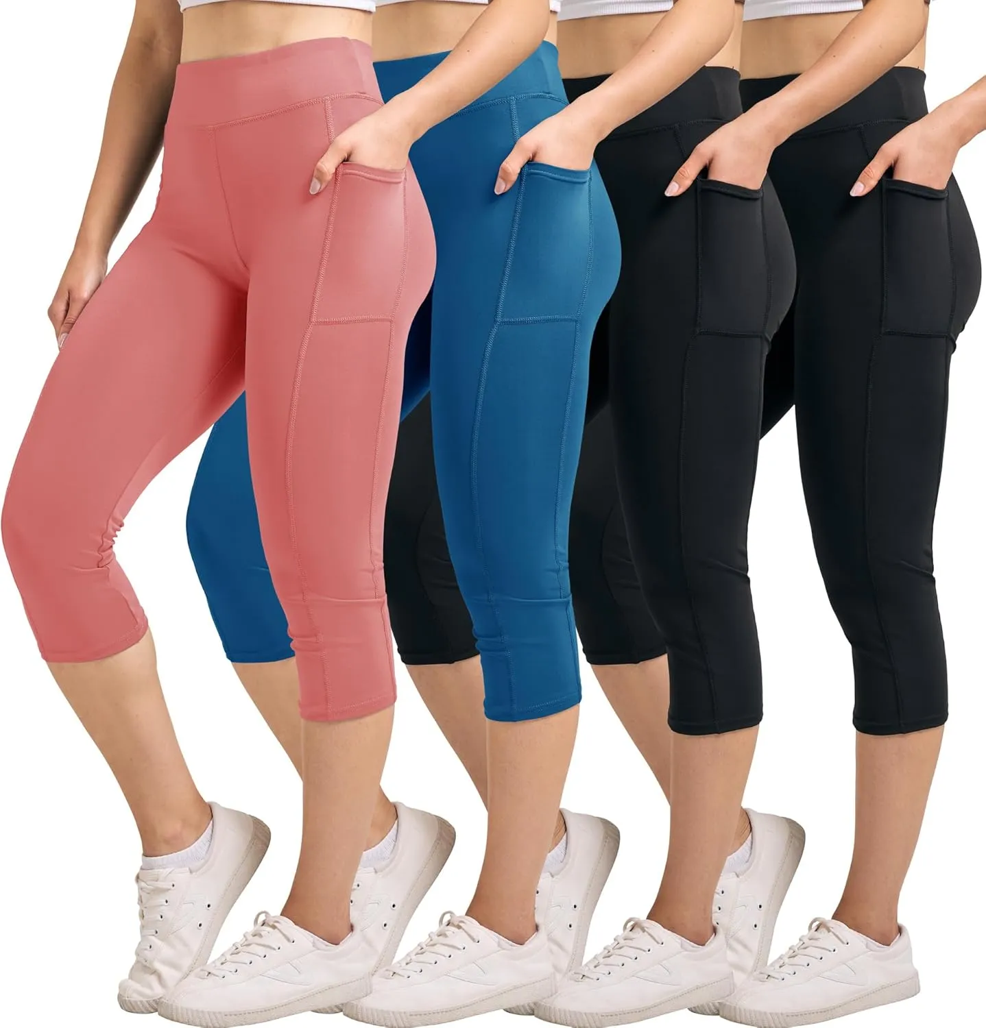 Real Essentials 4 Pack: Women's Capri Leggings with Pockets Casual Yoga Workout Exercise Pants (Available in Plus Size)
