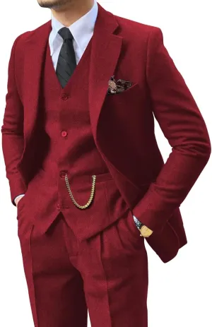 Retro 3 Piece Suit Tweed Herringbone Men's Suits Slim Fit Groom Tuxedos Set Prom Brown Grey Jacket Blazer Vest Pants