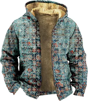 Retro Ethnic Graphic Hoodies Heavyweight Sherpa Fleece Lined Jackets Big Tall Zip Up Sweatshirts For Men With Hood