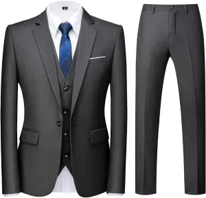 Rogers & Morris Suits for Men Slim fit 3 Piece Solid Essential One Button Suit Set Blazer with Pants and Vest