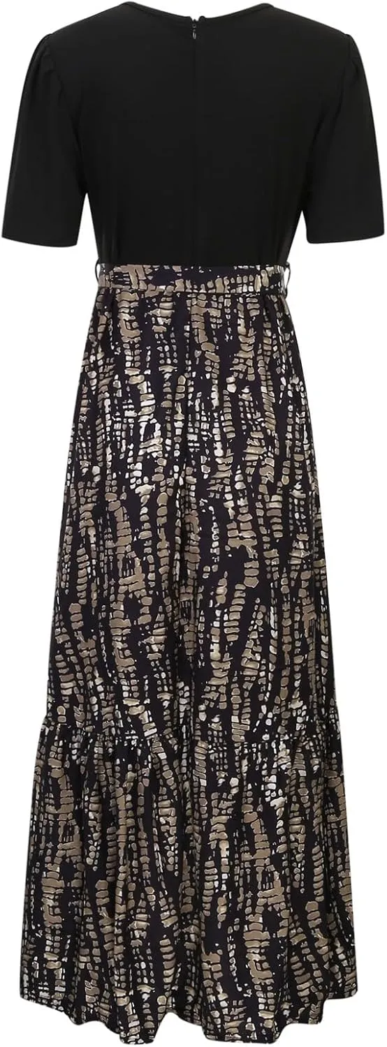 Rvidbe Summer Dresses for Women 2025 Floral Print Wrap Short Sleeve Maxi Dress Casual Patchwork Ruffle Hem A Line Sundress