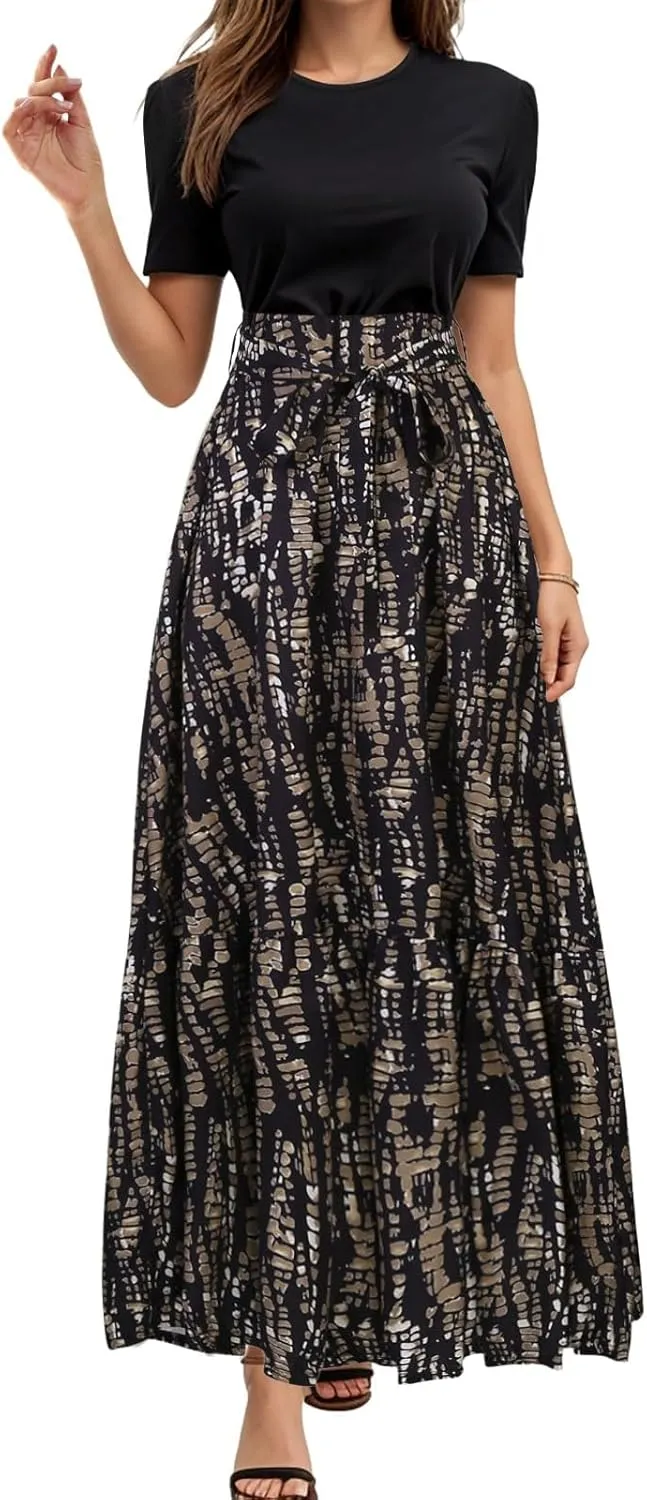 Rvidbe Summer Dresses for Women 2025 Floral Print Wrap Short Sleeve Maxi Dress Casual Patchwork Ruffle Hem A Line Sundress