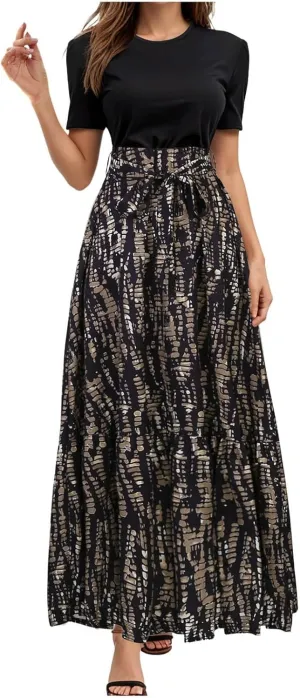 Rvidbe Summer Dresses for Women 2025 Floral Print Wrap Short Sleeve Maxi Dress Casual Patchwork Ruffle Hem A Line Sundress