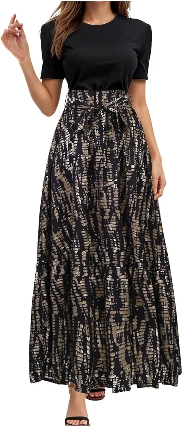 Rvidbe Summer Dresses for Women 2025 Floral Print Wrap Short Sleeve Maxi Dress Casual Patchwork Ruffle Hem A Line Sundress