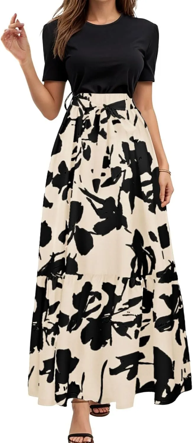 Rvidbe Summer Dresses for Women 2025 Floral Print Wrap Short Sleeve Maxi Dress Casual Patchwork Ruffle Hem A Line Sundress