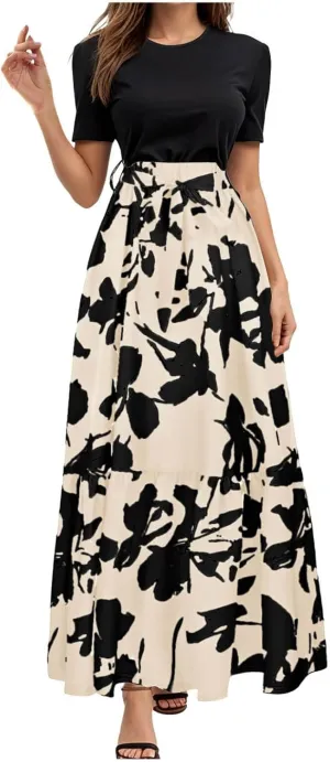 Rvidbe Summer Dresses for Women 2025 Floral Print Wrap Short Sleeve Maxi Dress Casual Patchwork Ruffle Hem A Line Sundress