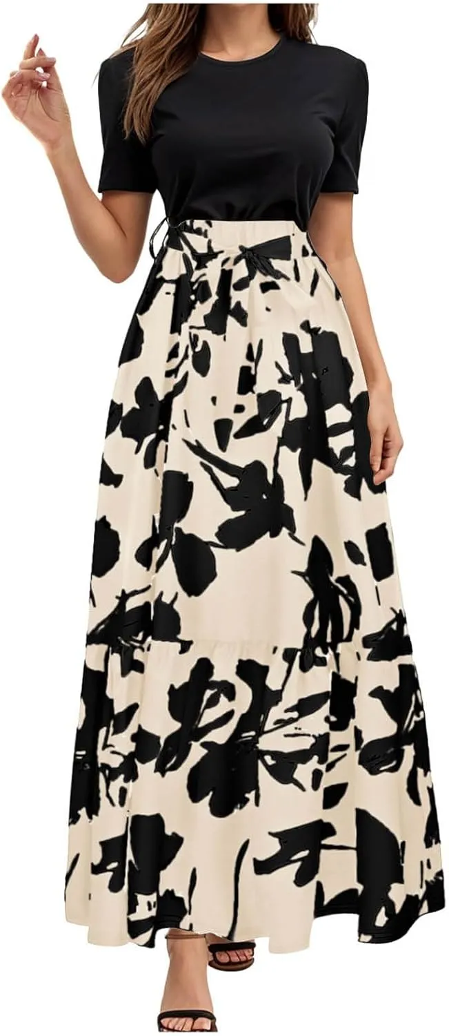 Rvidbe Summer Dresses for Women 2025 Floral Print Wrap Short Sleeve Maxi Dress Casual Patchwork Ruffle Hem A Line Sundress