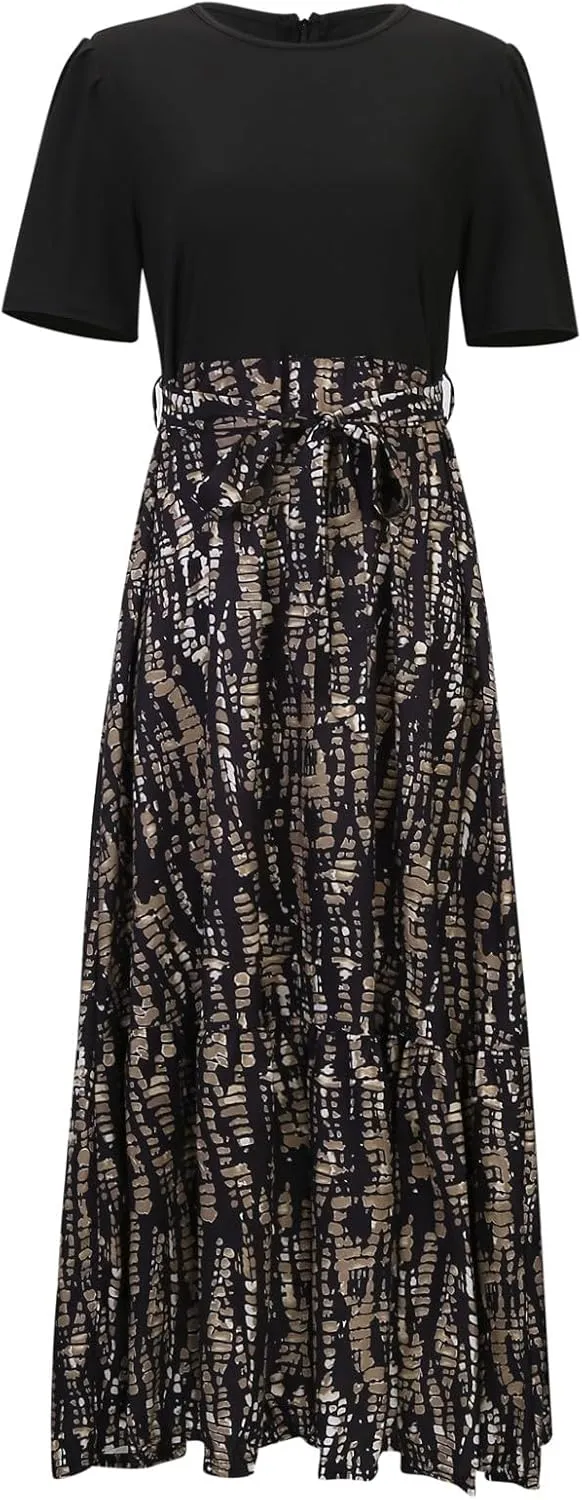Rvidbe Summer Dresses for Women 2025 Floral Print Wrap Short Sleeve Maxi Dress Casual Patchwork Ruffle Hem A Line Sundress