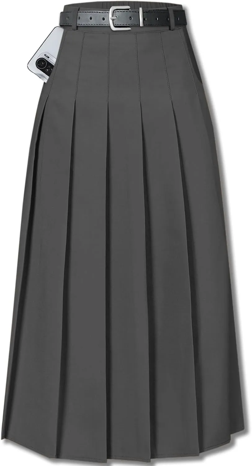 SANGTREE Women's Girls A-Line Long Pleated High Waist Fashion Skirt, School Uniform Cosplay