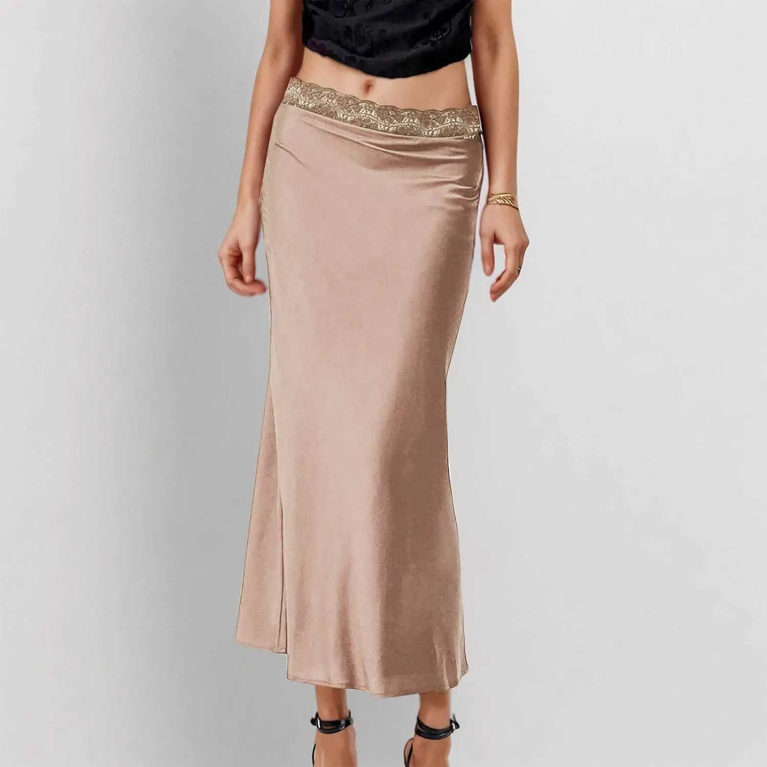 Satin Maxi Skirt Women Lace Trim Silk Flowy Formal Wedding Guest Outfit