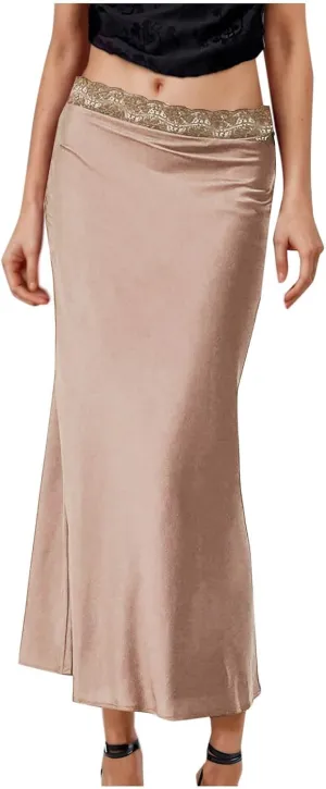 Satin Maxi Skirt Women Lace Trim Silk Flowy Formal Wedding Guest Outfit