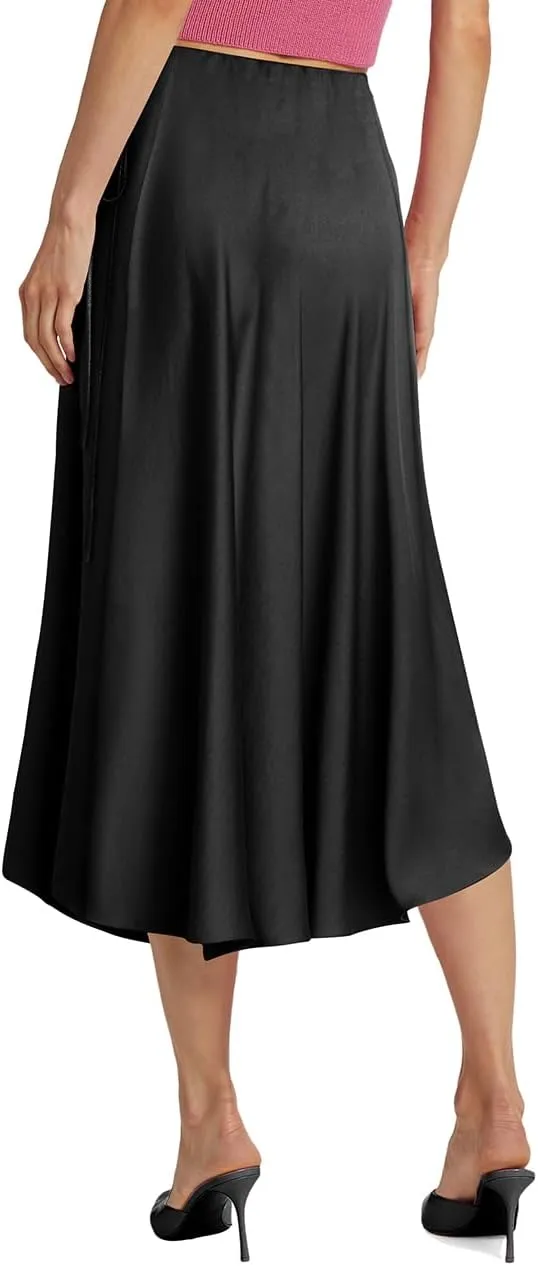 SEBOWEL Women Satin Maxi Long Skirt Silk Side Tie A Line Swing Midi Skirt Silky Flowy Ruffle Pleated Cocktail Party Skirts