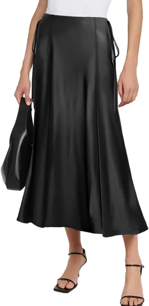 SEBOWEL Women Satin Maxi Long Skirt Silk Side Tie A Line Swing Midi Skirt Silky Flowy Ruffle Pleated Cocktail Party Skirts