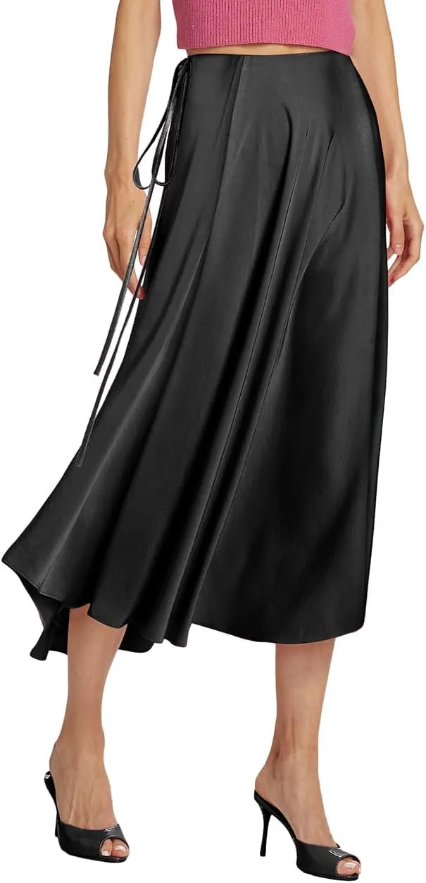 SEBOWEL Women Satin Maxi Long Skirt Silk Side Tie A Line Swing Midi Skirt Silky Flowy Ruffle Pleated Cocktail Party Skirts