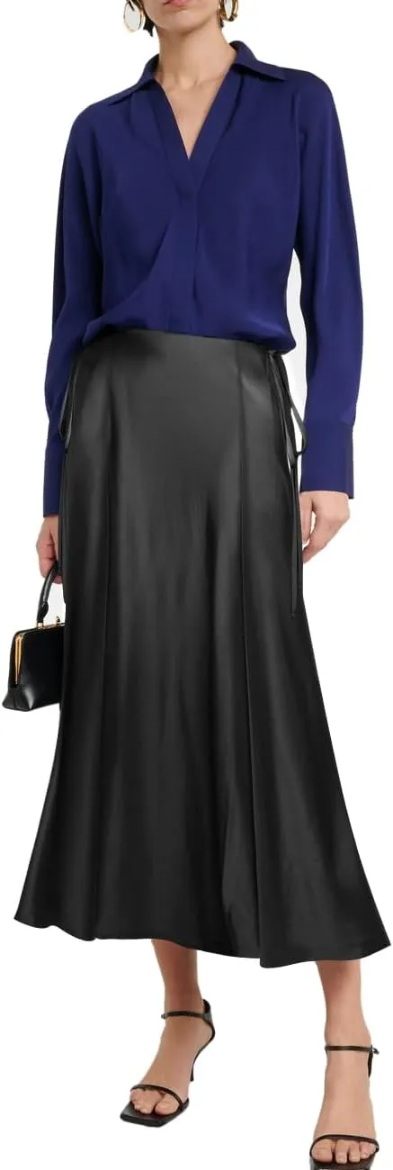 SEBOWEL Women Satin Maxi Long Skirt Silk Side Tie A Line Swing Midi Skirt Silky Flowy Ruffle Pleated Cocktail Party Skirts