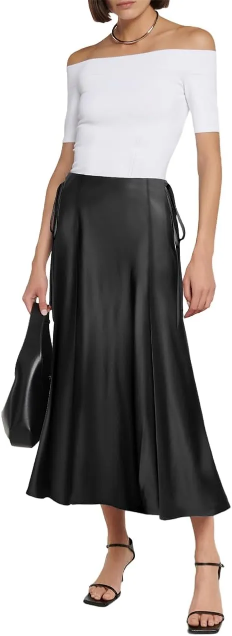 SEBOWEL Women Satin Maxi Long Skirt Silk Side Tie A Line Swing Midi Skirt Silky Flowy Ruffle Pleated Cocktail Party Skirts