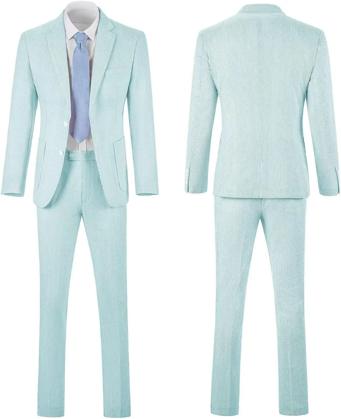 Seersucker Slim Suits for Men Formal Casul Summer Beach Wedding Grooms 2 Piece Blazer Pants Party Striped Suit Sets