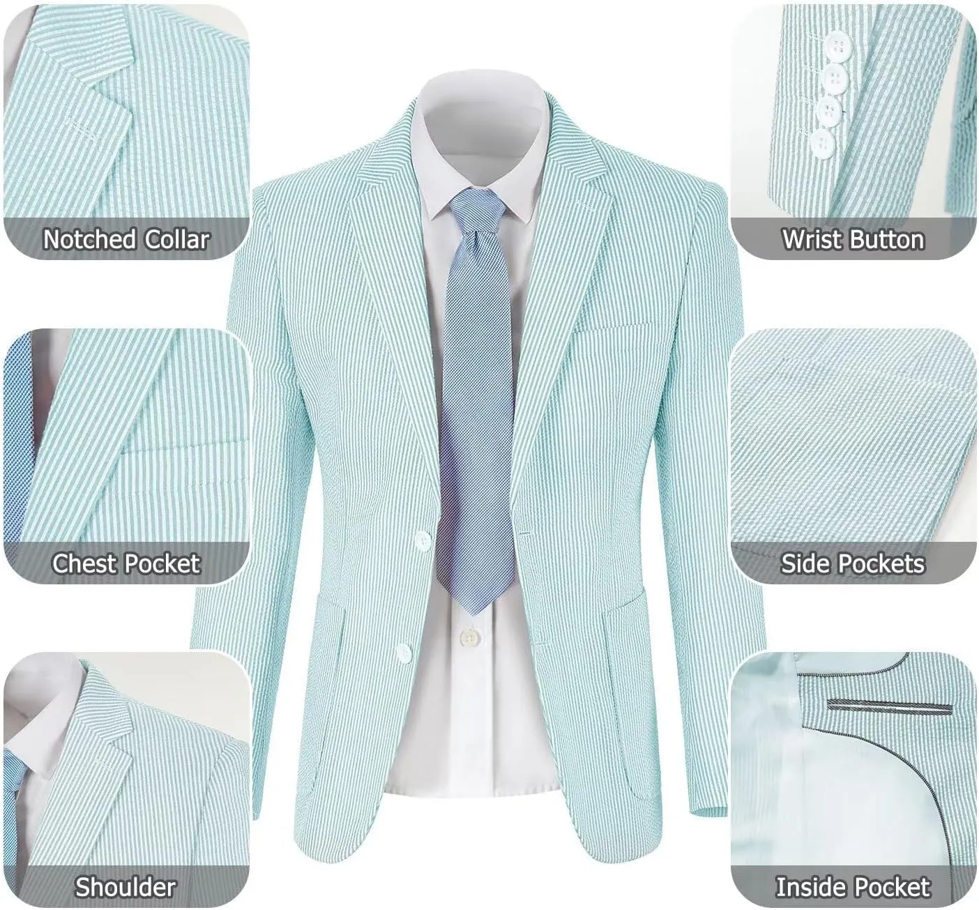 Seersucker Slim Suits for Men Formal Casul Summer Beach Wedding Grooms 2 Piece Blazer Pants Party Striped Suit Sets