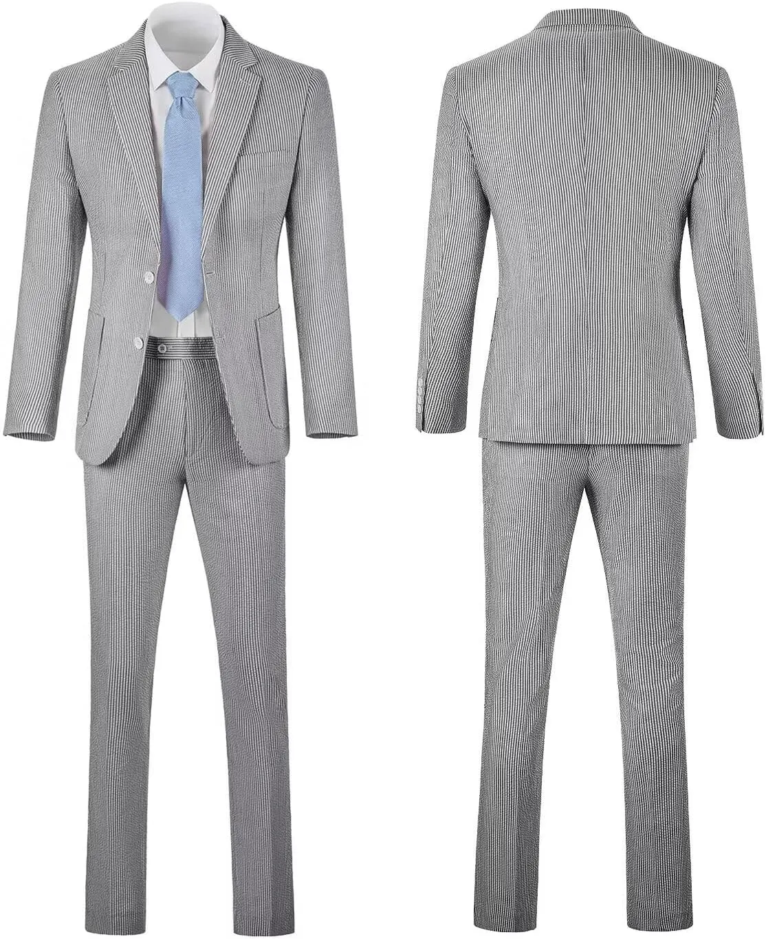 Seersucker Slim Suits for Men Formal Casul Summer Beach Wedding Grooms 2 Piece Blazer Pants Party Striped Suit Sets