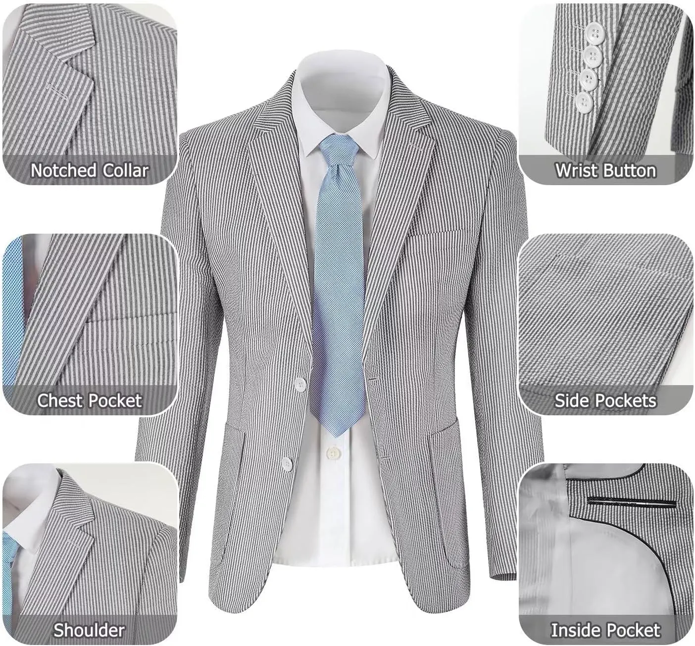 Seersucker Slim Suits for Men Formal Casul Summer Beach Wedding Grooms 2 Piece Blazer Pants Party Striped Suit Sets
