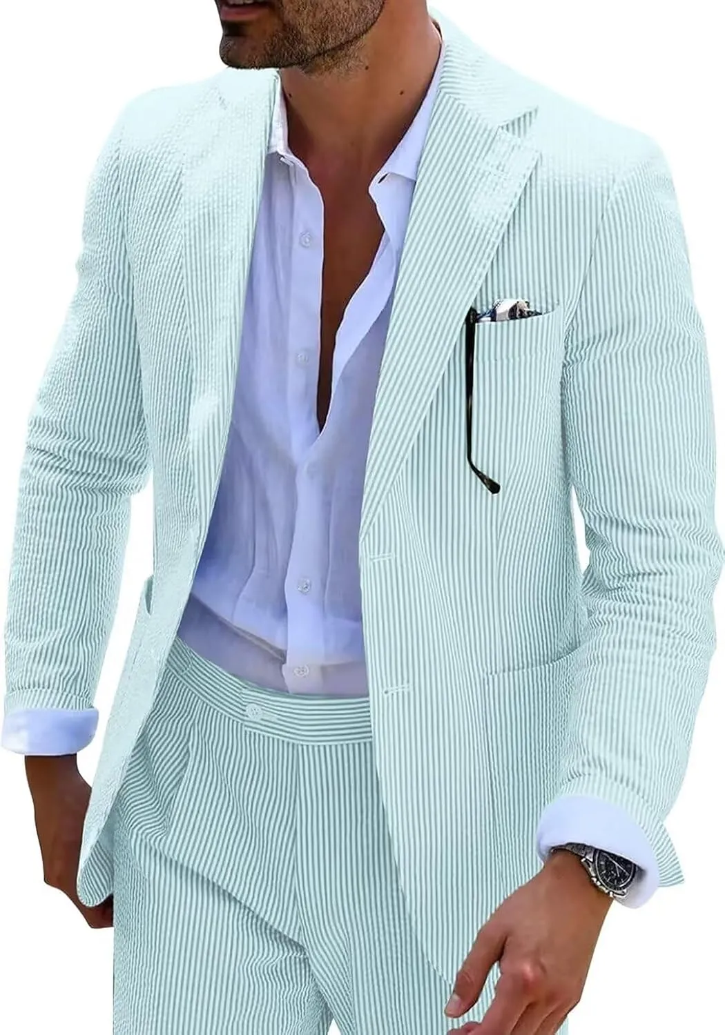 Seersucker Slim Suits for Men Formal Casul Summer Beach Wedding Grooms 2 Piece Blazer Pants Party Striped Suit Sets