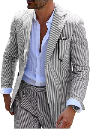 Seersucker Slim Suits for Men Formal Casul Summer Beach Wedding Grooms 2 Piece Blazer Pants Party Striped Suit Sets