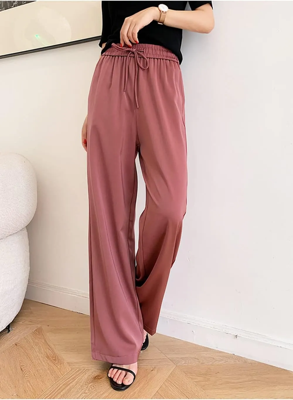 Snoly Women's Summer Ice Silk Pants High Waist Wide Leg Full Length Loose Casual Sweatpants
