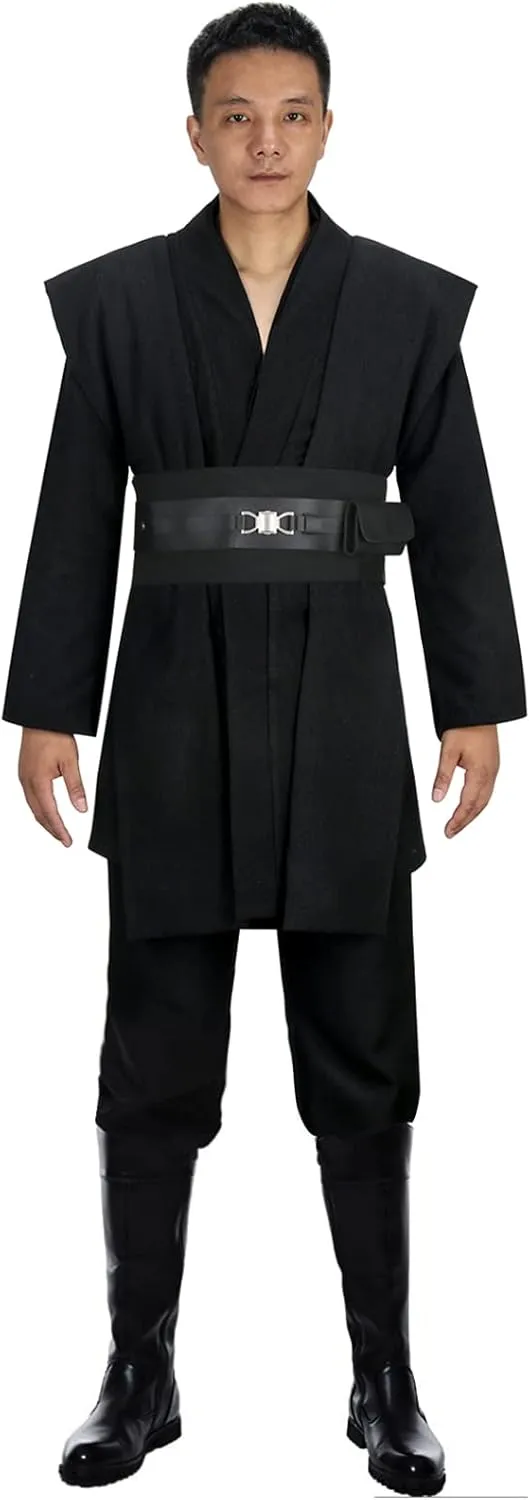 SOLOTIMES Adult Men Jedi Tunic Costume Knight Hooded Robe Uniform Full Set Black Halloween Cosplay Cloak Cape Outfit Suit