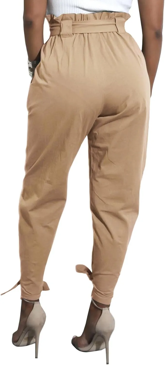 SOMTHRON Women's Casual Loose Paper Bag Long Pants High Waist Cropped Pencil Dressy Trouser with Pockets