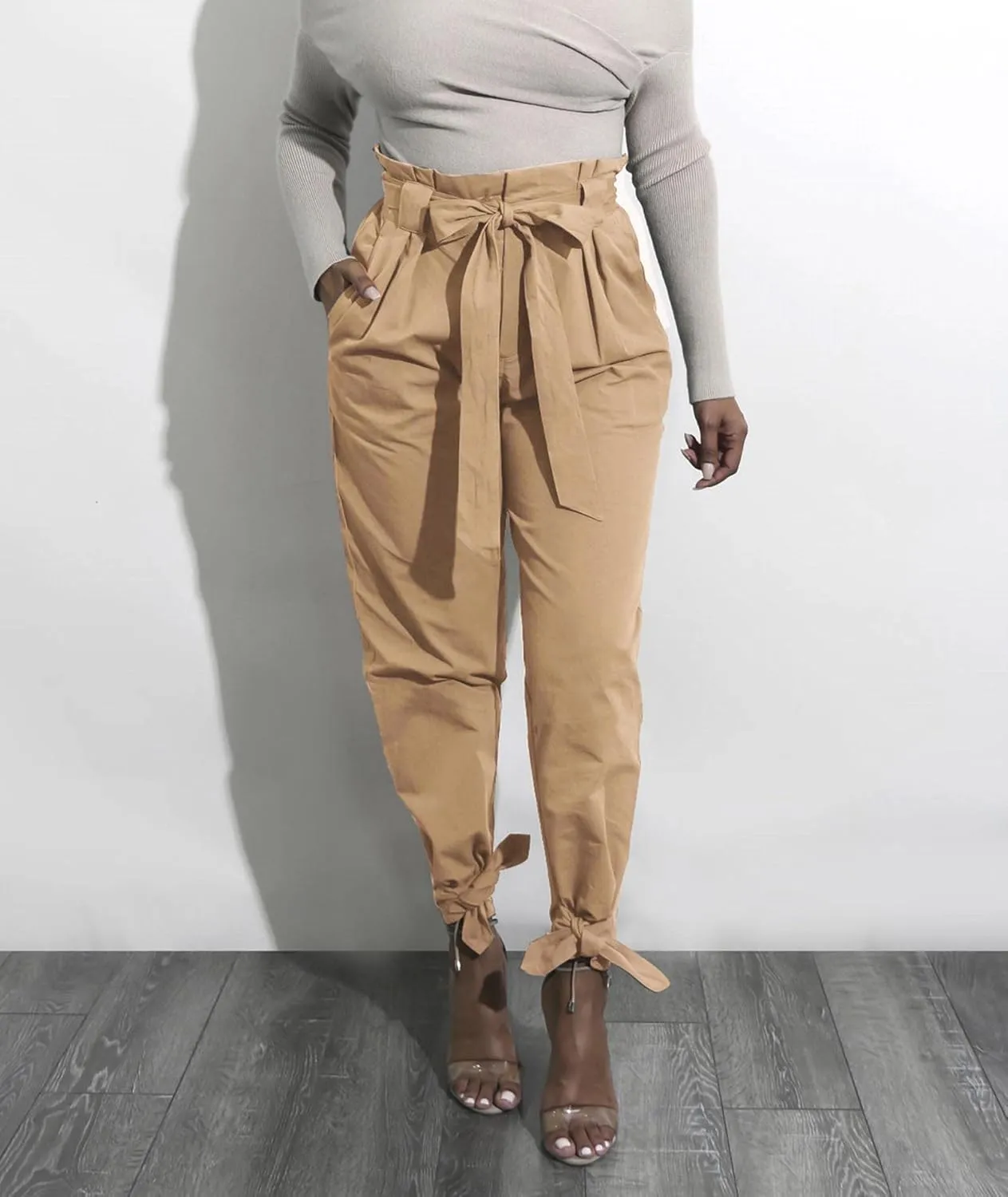 SOMTHRON Women's Casual Loose Paper Bag Long Pants High Waist Cropped Pencil Dressy Trouser with Pockets