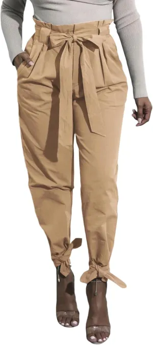 SOMTHRON Women's Casual Loose Paper Bag Long Pants High Waist Cropped Pencil Dressy Trouser with Pockets