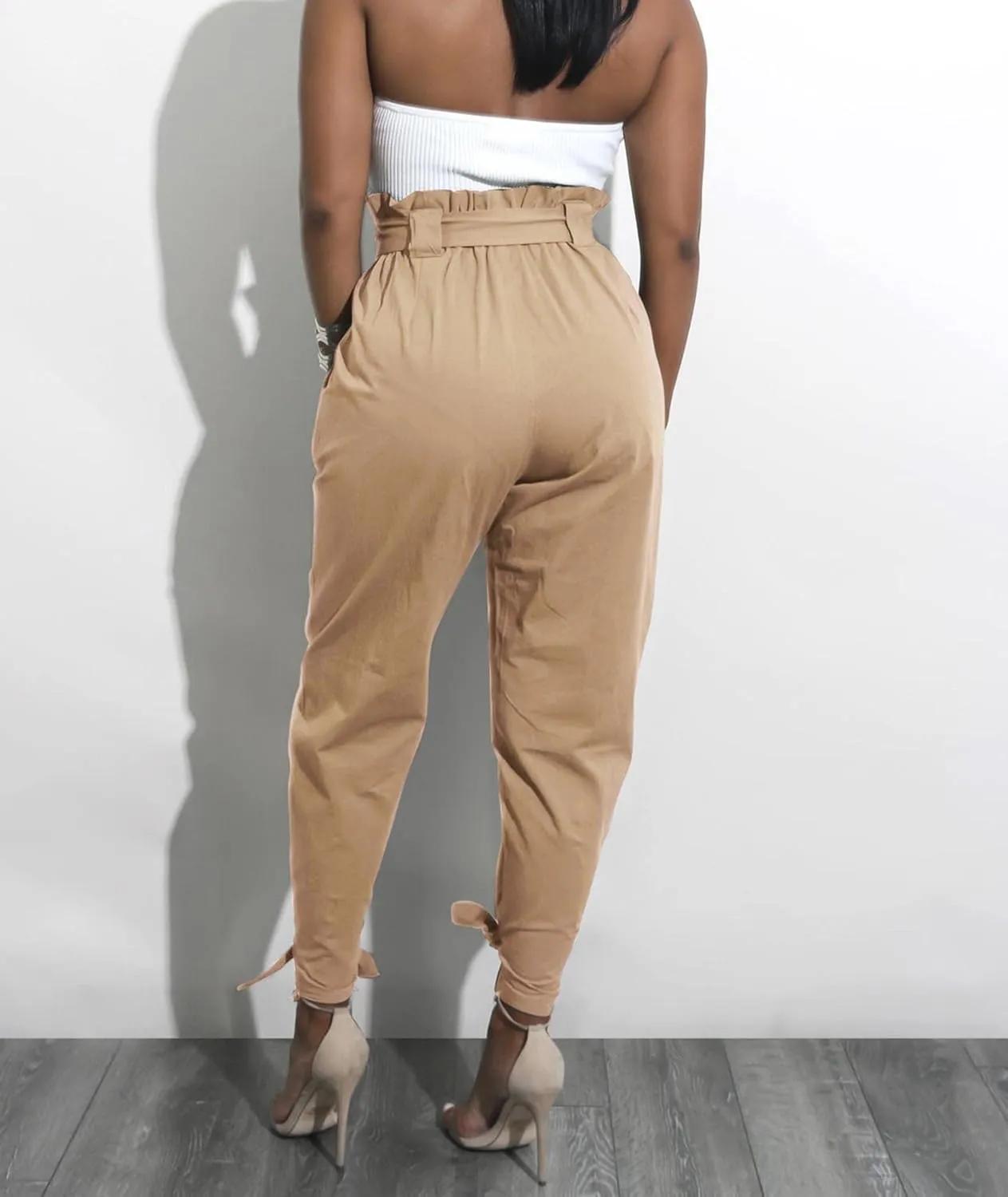 SOMTHRON Women's Casual Loose Paper Bag Long Pants High Waist Cropped Pencil Dressy Trouser with Pockets