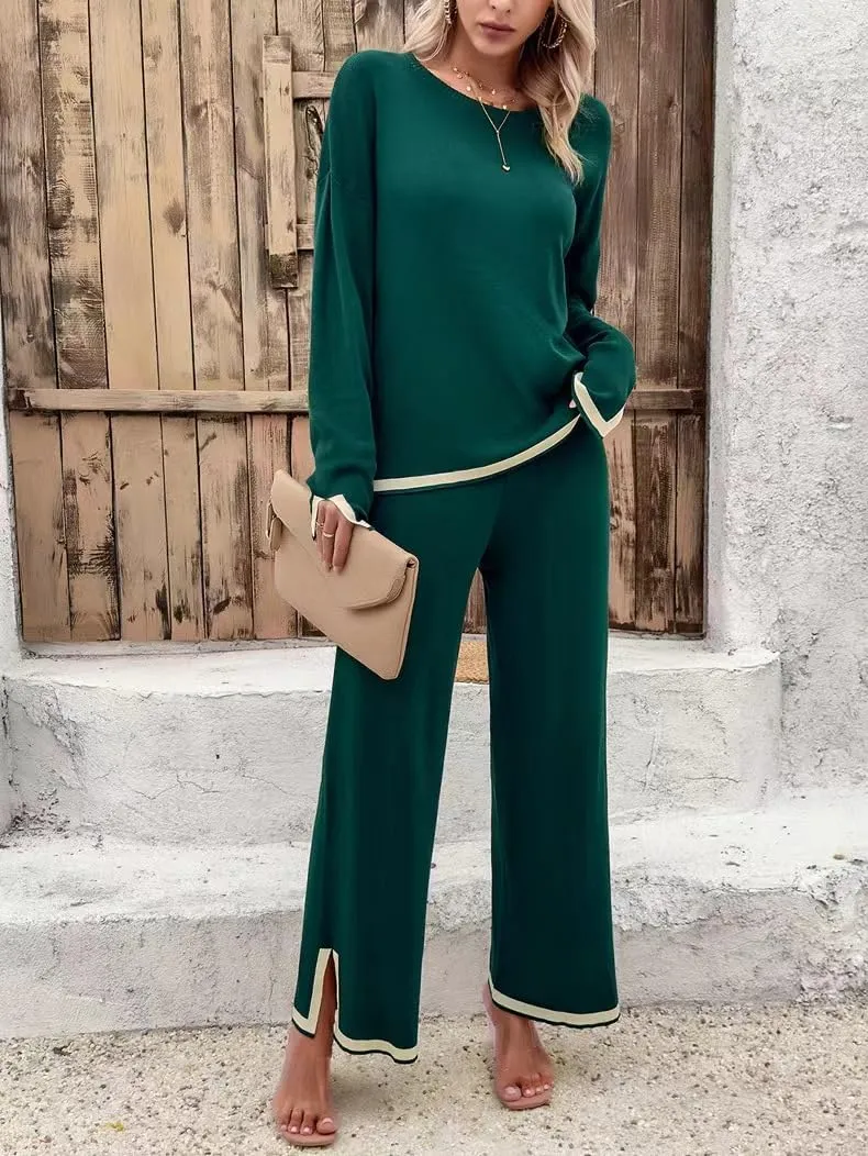Sumleno Women's Two Piece Outfits Long Sleeve Knit Sweater Top Wide Leg Pants Lounge Sets 2 Piece Trendy Casual Loungewear