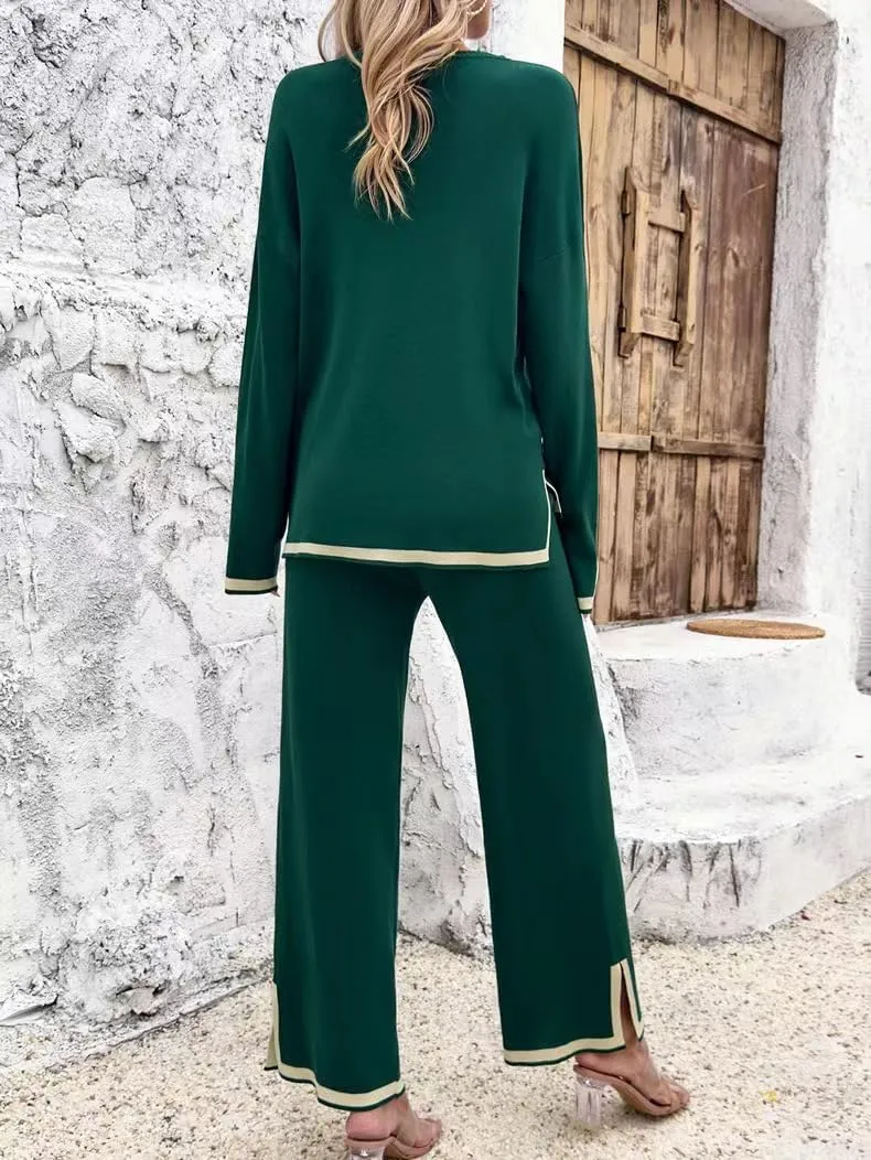 Sumleno Women's Two Piece Outfits Long Sleeve Knit Sweater Top Wide Leg Pants Lounge Sets 2 Piece Trendy Casual Loungewear