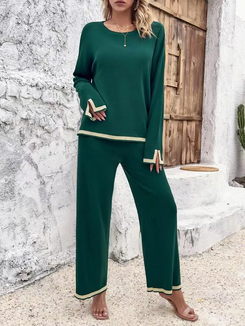 Sumleno Women's Two Piece Outfits Long Sleeve Knit Sweater Top Wide Leg Pants Lounge Sets 2 Piece Trendy Casual Loungewear