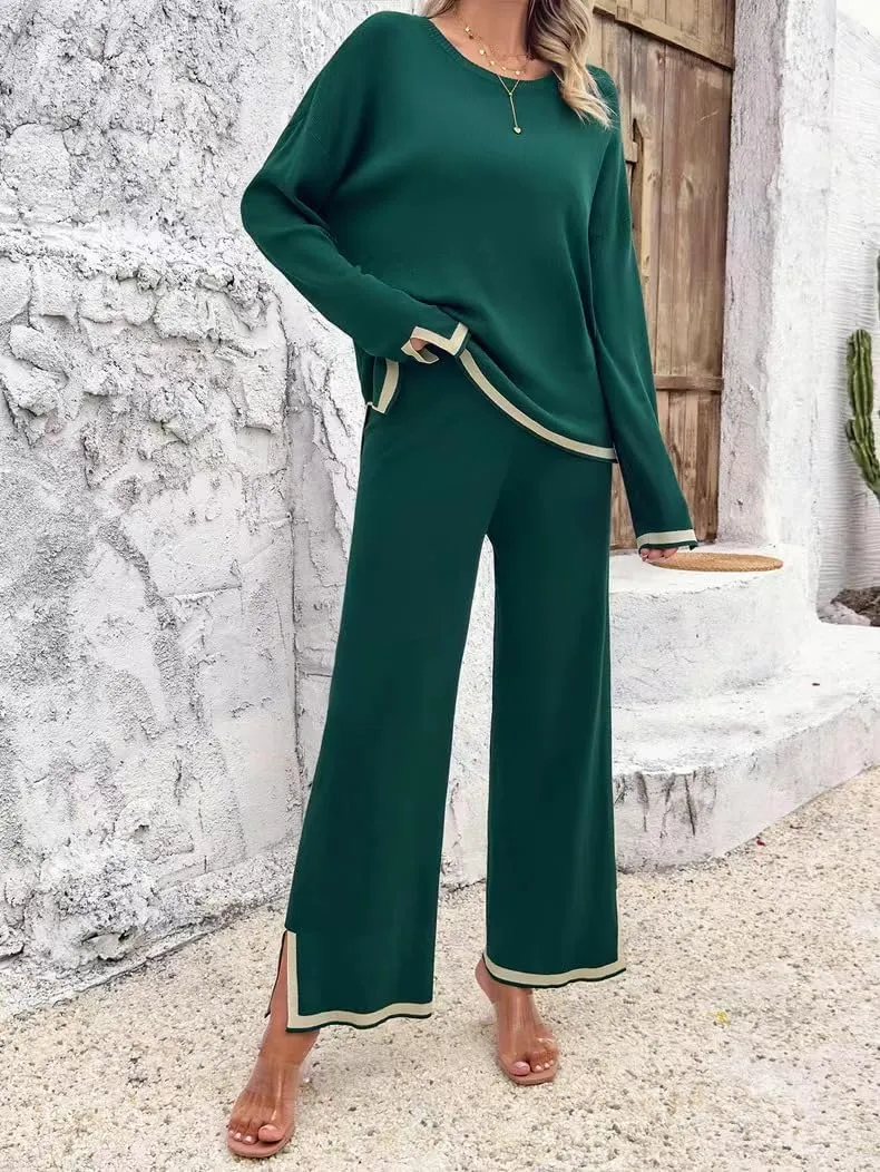 Sumleno Women's Two Piece Outfits Long Sleeve Knit Sweater Top Wide Leg Pants Lounge Sets 2 Piece Trendy Casual Loungewear