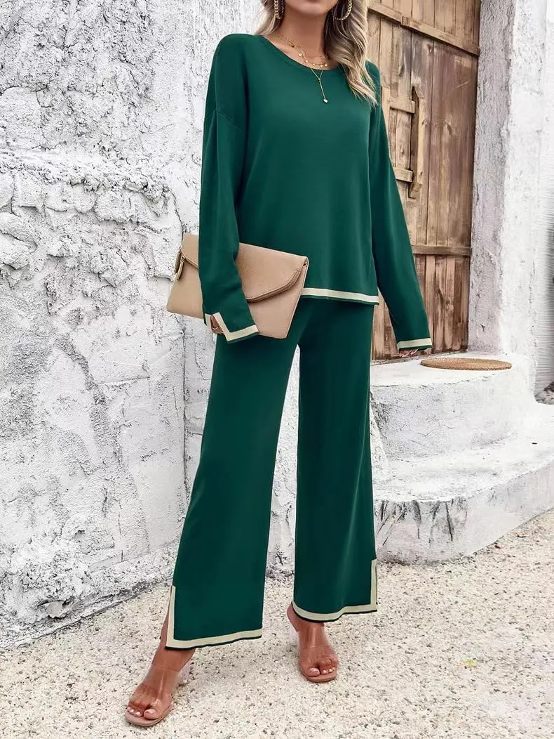 Sumleno Women's Two Piece Outfits Long Sleeve Knit Sweater Top Wide Leg Pants Lounge Sets 2 Piece Trendy Casual Loungewear