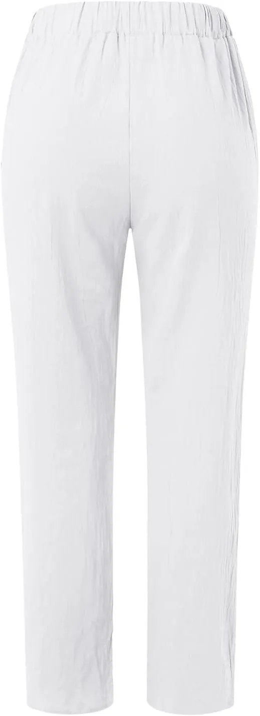 Summer Pants for Women 2024 Casual Dressy Linen Beach Drawstring Capri Crop Pants 2024 Elastic Waist Crop Trousers